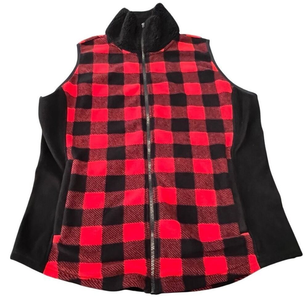 CHAPS Sport Women's Buffalo Plaid Fleece Mock Neck Full Zip Vest Black Red XL